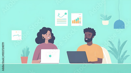 Two people discussing a financial report, using a laptop and reviewing charts. -