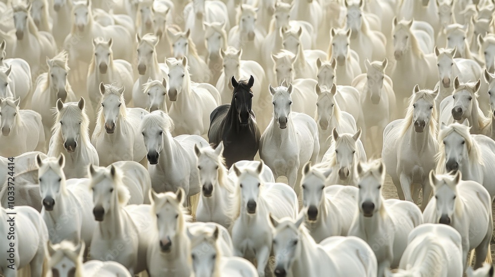 Obraz premium Black horse stands out among herd of white horses in dusty landscape