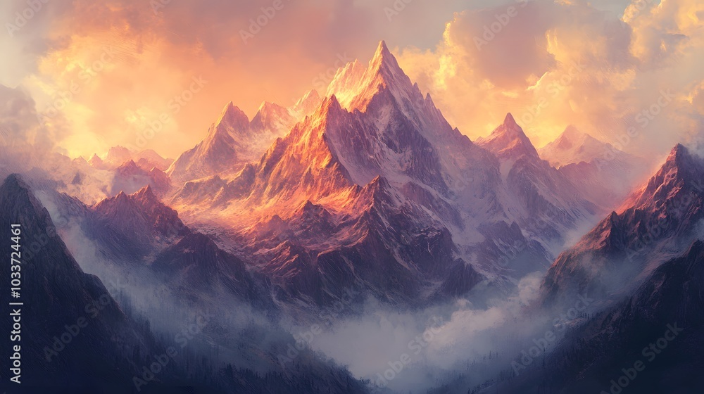 Layered brushstrokes of earthy tones depict a rugged mountain range at dusk, the peaks glowing softly in the fading light, with rich textures adding dimension. Layered brushstrokes of earthy tones depict a rugged mountain range at dusk, the peaks glowing softly in the fading light, with rich textures adding dimension.