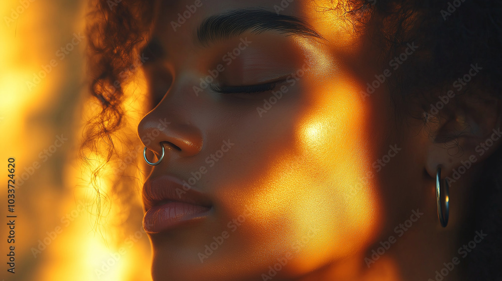 Side profile with a silver hoop nose piercing, skin glowing under golden hour lighting Side profile with a silver hoop nose piercing, skin glowing under golden hour lighting