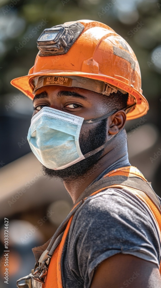 Construction worker wearing face mask for protection Construction worker wearing face mask for protection