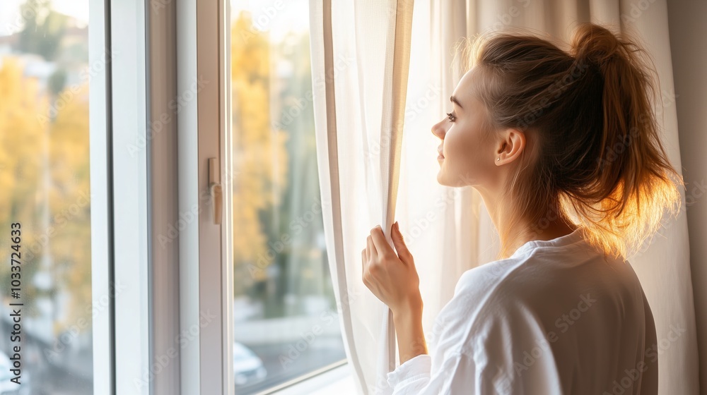 Young woman gazes thoughtfully out the window, enjoying the autumn sunlight in a cozy setting during early morning hours Young woman gazes thoughtfully out the window, enjoying the autumn sunlight in a cozy setting during early morning hours