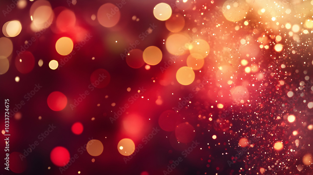 The lively interplay of red and gold bokeh lights establishes a festive ambiance. The lively interplay of red and gold bokeh lights establishes a festive ambiance.