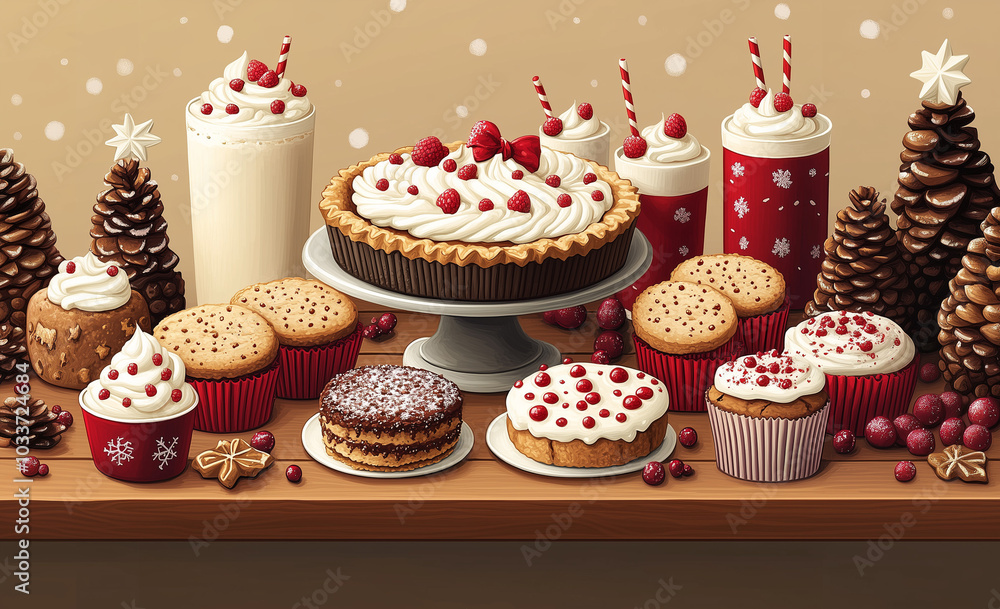 A cartoon style illustration with traditional New Year and Christmas desserts like pie, cake, gingerbread cookies, berries, cocktails and eggnog. A cartoon style illustration with traditional New Year and Christmas desserts like pie, cake, gingerbread cookies, berries, cocktails and eggnog.