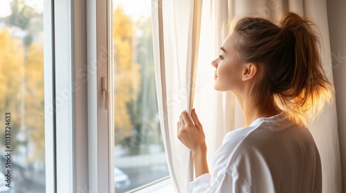 Young woman gazes thoughtfully out the window, enjoying the autumn sunlight in a cozy setting during early morning hours