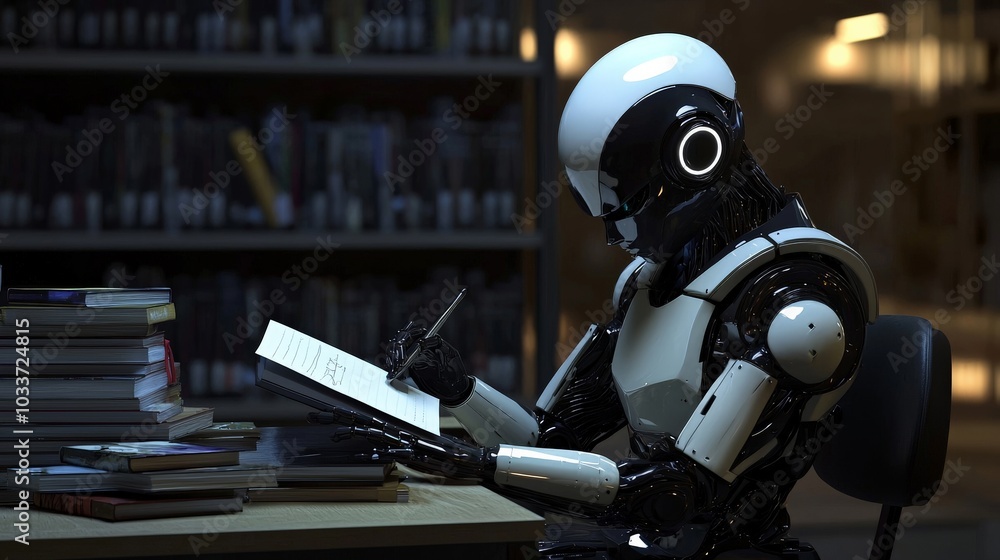 A melancholic, photorealistic image of a humanoid robot in a school uniform, sitting at a desk, writing on paper. A melancholic, photorealistic image of a humanoid robot in a school uniform, sitting at a desk, writing on paper.