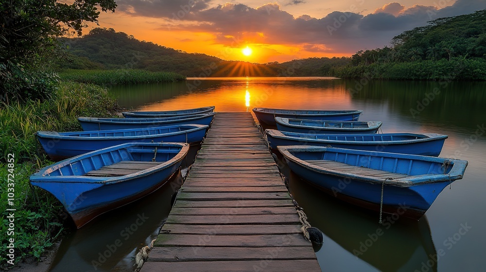 Obraz premium Serene sunset over a lake with blue boats.