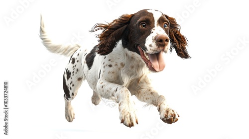 Full body shot of English Springer Spaniel dog, running happily, smiling.