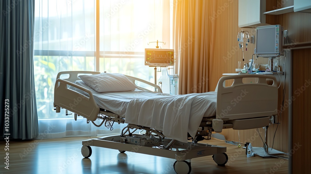 An empty hospital bed in a room with a window and curtains. An empty hospital bed in a room with a window and curtains.