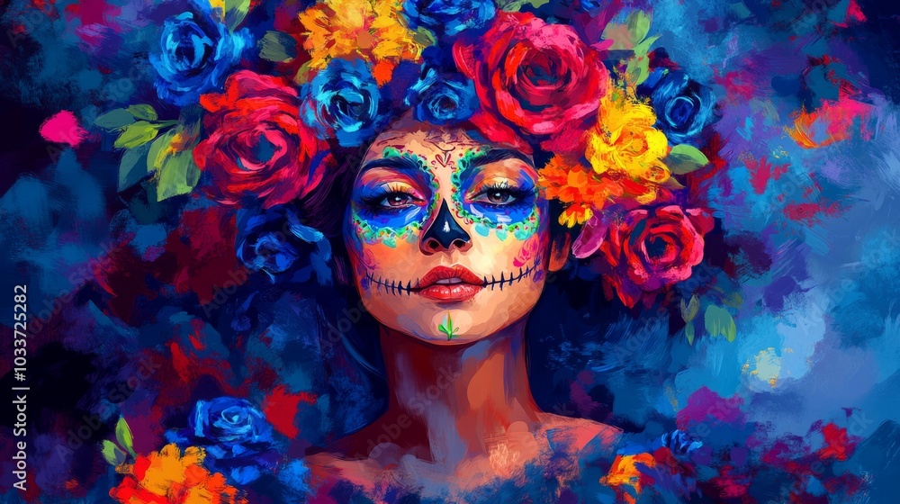 Dia de los Muertos, Mexican holiday. a beautiful woman with day of the dead face art, full body portrait, flowers in hair, blue and red roses, digital painting, vibrant colors Dia de los Muertos, Mexican holiday. a beautiful woman with day of the dead face art, full body portrait, flowers in hair, blue and red roses, digital painting, vibrant colors