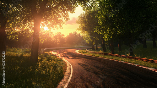 Wide race track framed by green woods and a glowing sunset, ready for high-speed action. -