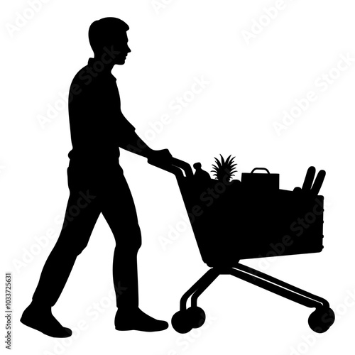 Silhouette of a man pushing a shopping cart full of groceries. Vector illustration