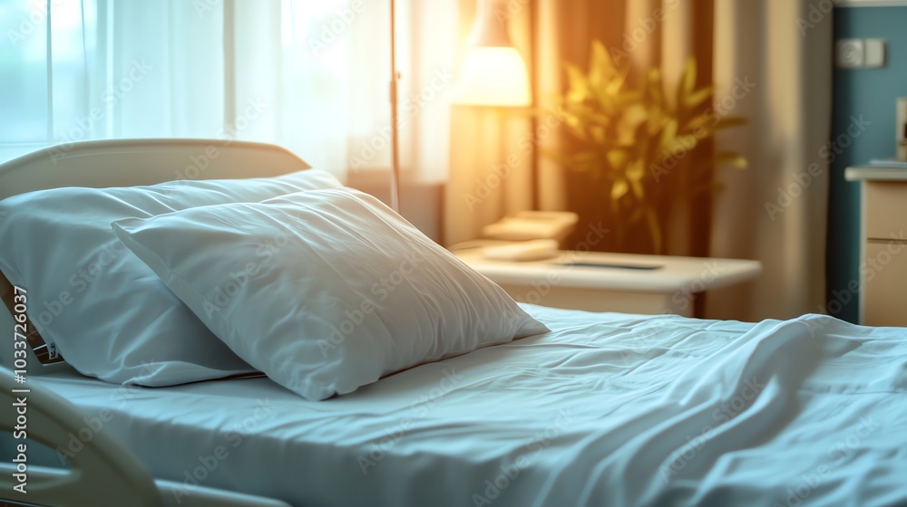 A hospital bed with white sheets and pillows in a room with a window. A hospital bed with white sheets and pillows in a room with a window.