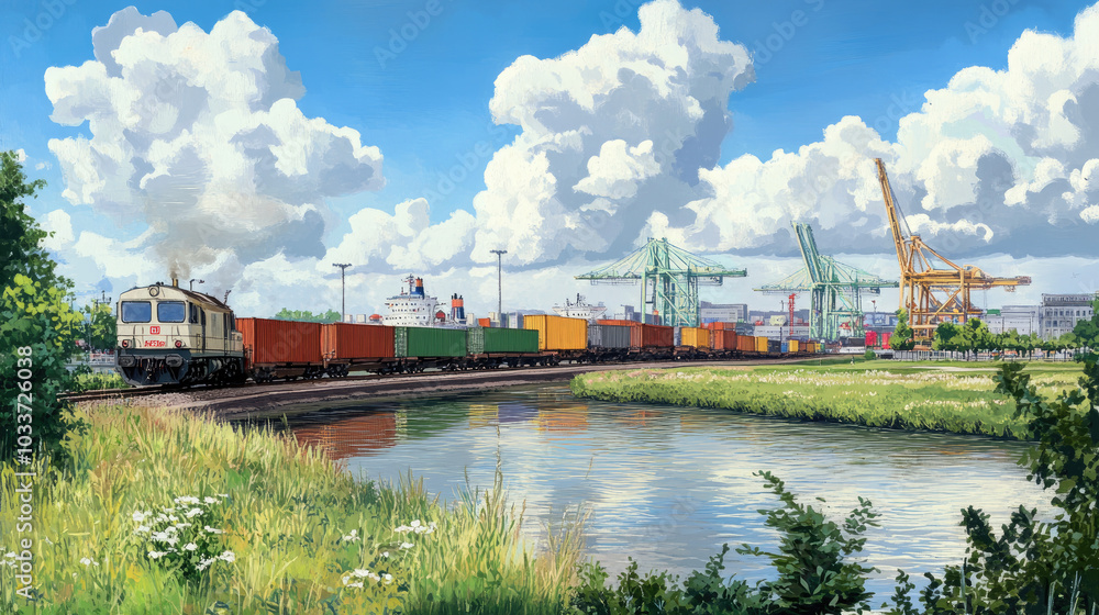 Freight train loaded with various shipping containers, traveling along a railway near a bustling port, with cranes and ships in view --chaos Freight train loaded with various shipping containers, traveling along a railway near a bustling port, with cranes and ships in view --chaos