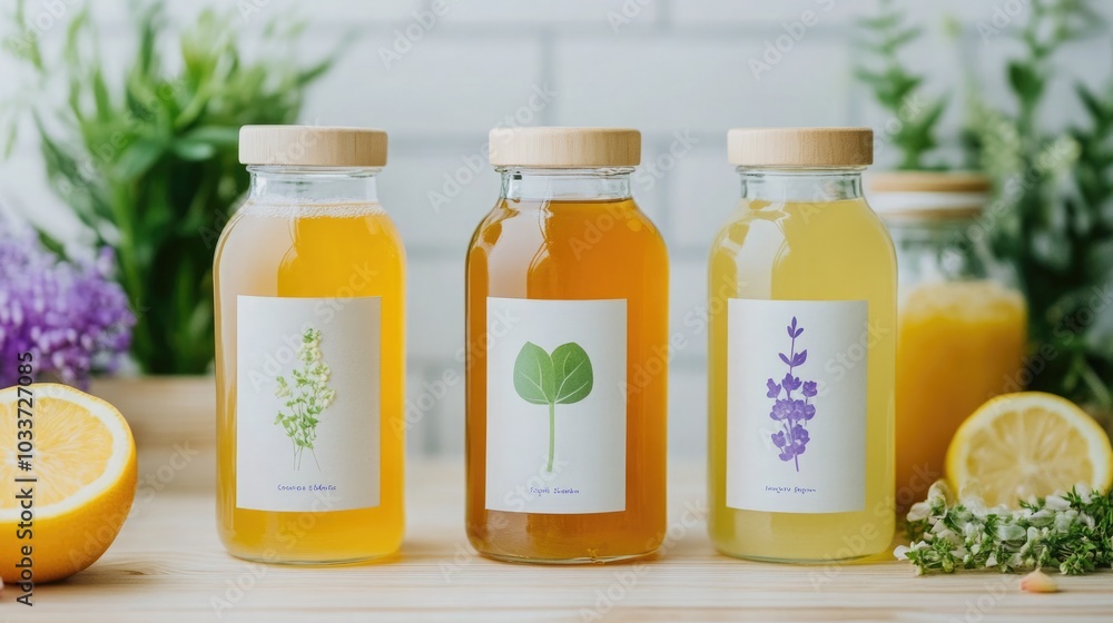 Kombucha Bottles with Sparkling Bubbles, Surrounded by Botanicals and Fresh Fruits Kombucha Bottles with Sparkling Bubbles, Surrounded by Botanicals and Fresh Fruits