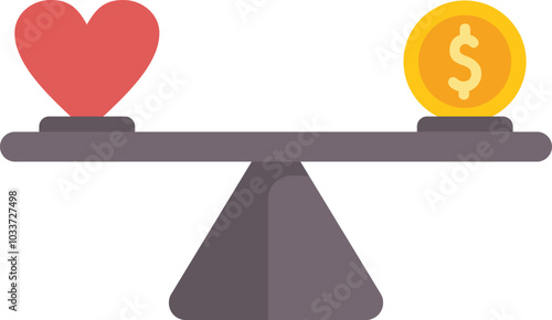 Seesaw balancing a heart and money representing the difficult life choices we make