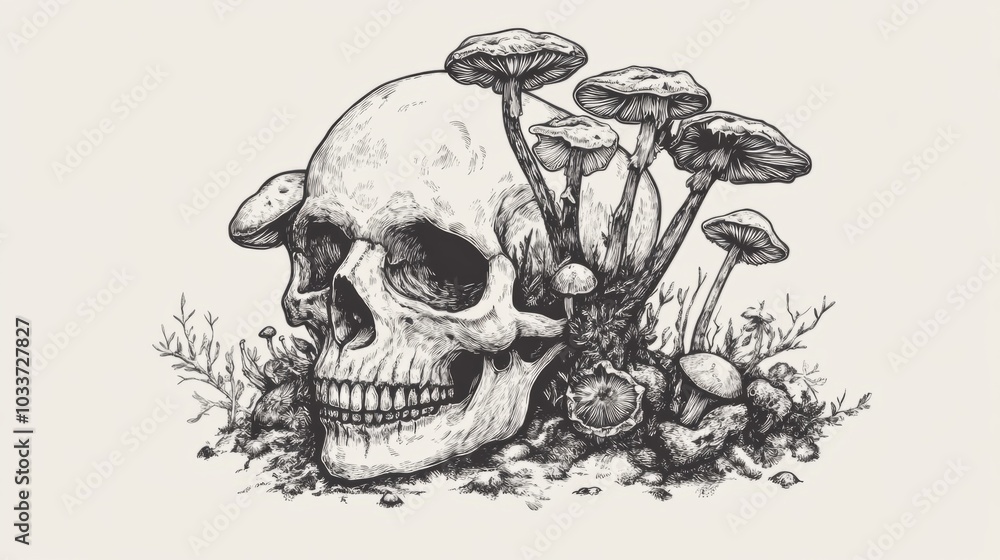 Human skull with mushrooms growing inside, blending natural elements with macabre, surreal imagery sketch engraving illustration. Scratch board imitation. Black and white image Human skull with mushrooms growing inside, blending natural elements with macabre, surreal imagery sketch engraving illustration. Scratch board imitation. Black and white image