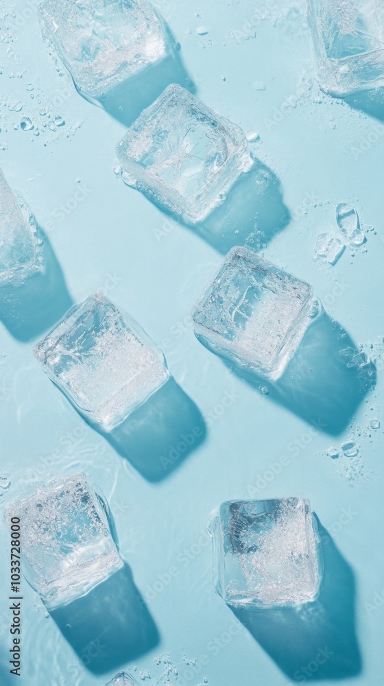 Obraz premium Ice cubes under water or on a light blue background