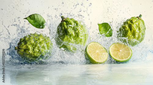 Fresh bergamot fruits, whole and sliced, on a light background, with droplets of water to emphasize their fresh, citrusy nature --chaos