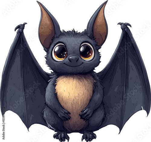Adorable cartoon bat with large, expressive eyes and a soft, furry appearance. Its wings are spread, showcasing the dark hues, while the bat has a friendly, approachable demeanor