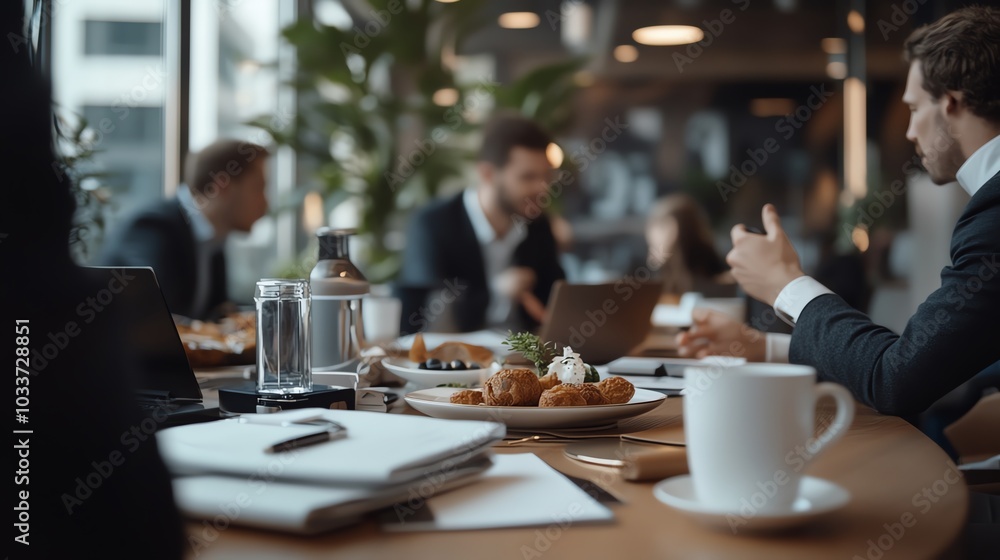 Business colleagues enjoying a coffee break and a light meal while discussing work in a cafe. Business colleagues enjoying a coffee break and a light meal while discussing work in a cafe.
