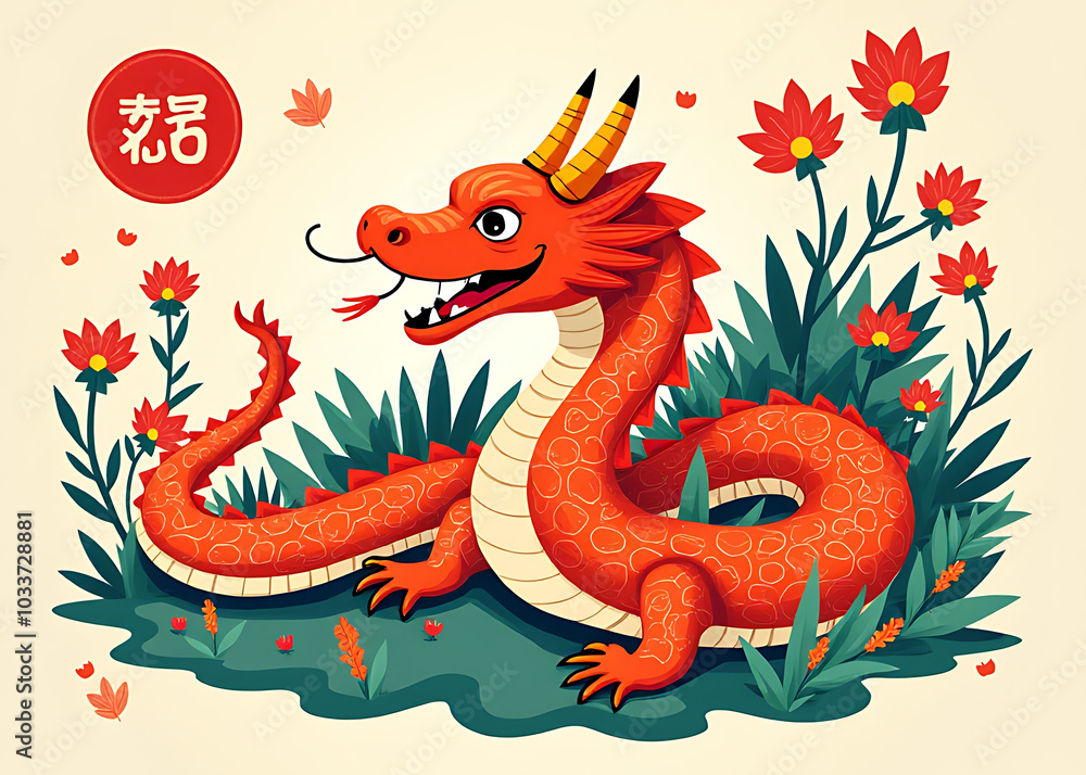 Obraz premium The vibrant symbol of the snake adorns the colorful illustration representing the Chinese New Year zodiac animal.