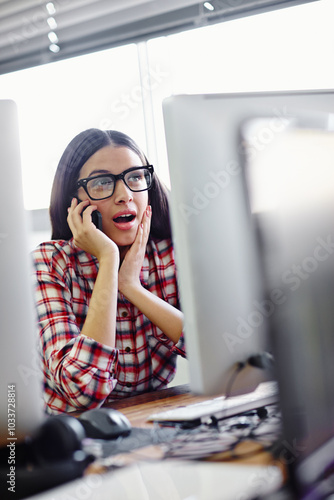 Business woman, surprise and phone call in office for research, communication or news with glasses. Graphic designer, shock and mobile conversation for website feedback, client review and cyberattack