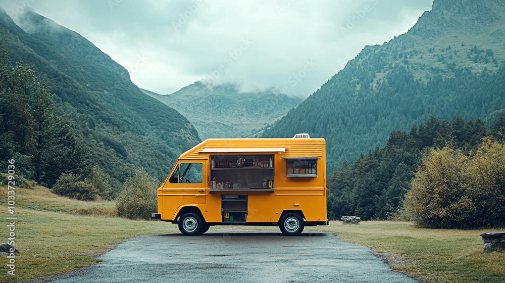 Bright yellow food truck parked in a scenic valley surrounded by mountains on a cloudy day Bright yellow food truck parked in a scenic valley surrounded by mountains on a cloudy day
