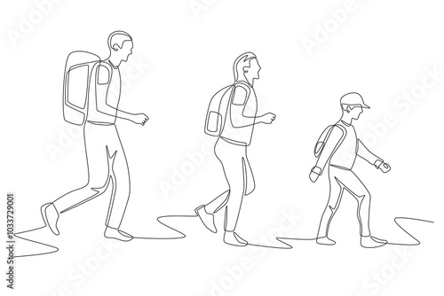 Family going hiking. Hiking with families concept one-line drawing