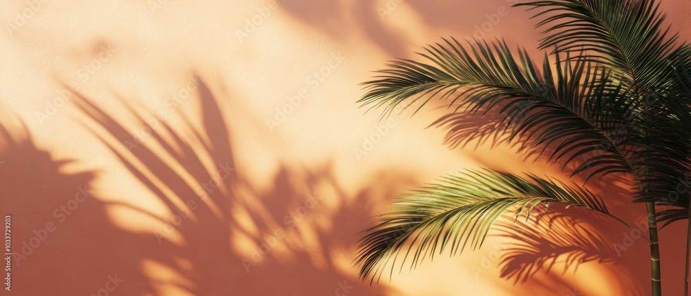 Fototapeta premium Palm tree shadows on pastel orange background wall mockup