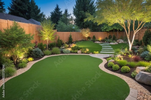 Contemporary landscaped backyard with artificial grass pathway and mature trees
