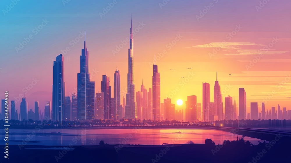 Renowned tourist destination Dubai, skyscraper-filled cityscape. Modern metro railway with sun light. United Arab Emirates' upscale business and financial center. Renowned tourist destination Dubai, skyscraper-filled cityscape. Modern metro railway with sun light. United Arab Emirates' upscale business and financial center.