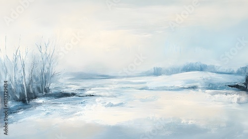 Soft, painterly strokes of pale blue and white depict a peaceful snowy landscape, with gentle textures capturing the soft fall of snow on trees and fields. photo