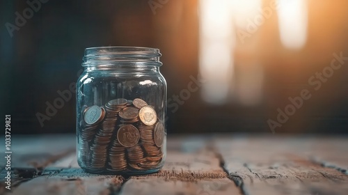 Timelapse of a jar filling up with coins over months, DCA method saving, financial consistency, retrostyled colors photo