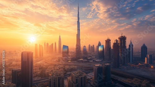 Renowned tourist destination Dubai, skyscraper-filled cityscape. Modern metro railway with sun light. United Arab Emirates' upscale business and financial center.