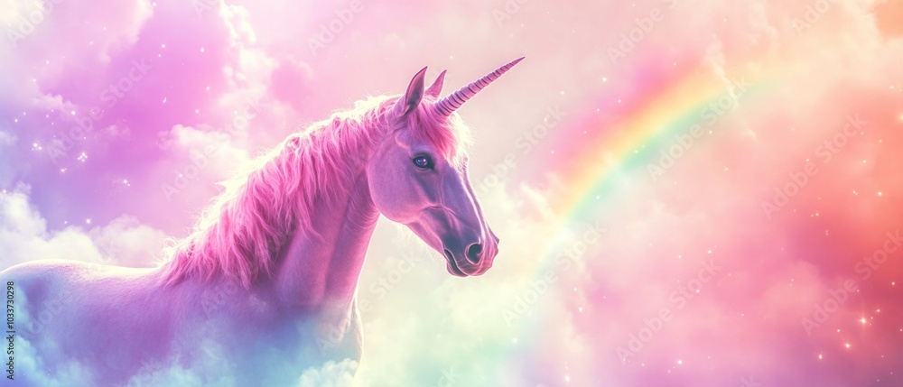 Rainbow and fluffy clouds with unicorn. Pink unicorn with a rainbow in the background Rainbow and fluffy clouds with unicorn. Pink unicorn with a rainbow in the background