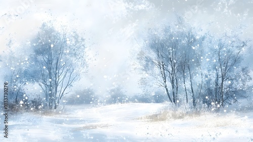 Soft, painterly strokes of pale blue and white depict a peaceful snowy landscape, with gentle textures capturing the soft fall of snow on trees and fields.