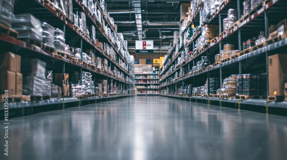 High shelves packed with products in a retail warehouse, wide aisles, bright lighting, and visible safety signage in the background --chaos High shelves packed with products in a retail warehouse, wide aisles, bright lighting, and visible safety signage in the background --chaos