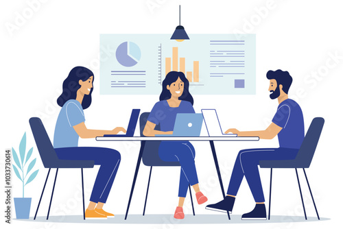 Group of coworkers using laptops during a team discussion with graphs in the background. Vector Art & Illustration
