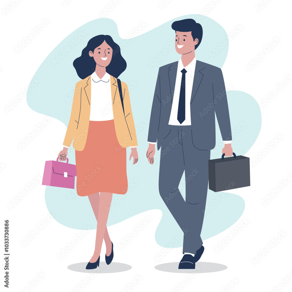 A man and woman in business suits walking together with briefcases. Vector Art & Illustration A man and woman in business suits walking together with briefcases. Vector Art & Illustration