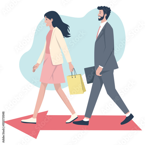 A man and woman in business attire walking with briefcase and shopping bag. Vector Art & Illustration