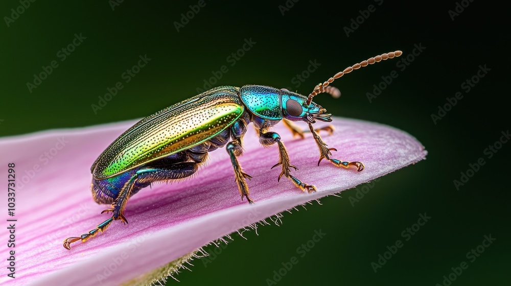 Fototapeta premium Colorful beetle resting on petal, vibrant details, nature's beauty.