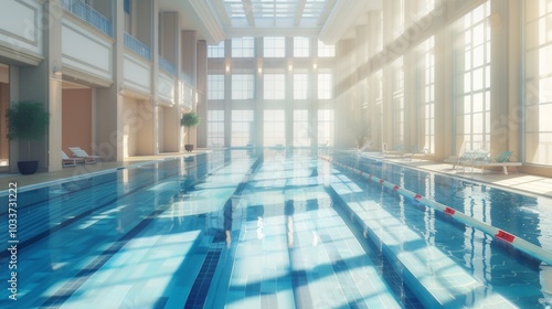 Luxurious indoor swimming pool with clean, sleek lines and sunlight streaming in through floor-to-ceiling windows