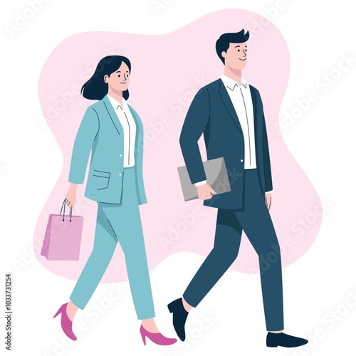 A man and woman in business attire walking together, carrying a briefcase and shopping bag. Vector Art & Illustration