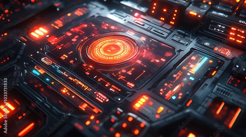 Futuristic digital interface with glowing red lights and circuit board. Futuristic digital interface with glowing red lights and circuit board.