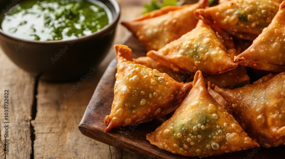 Crispy Golden Samosas with Spicy Green Sauce Crispy Golden Samosas with Spicy Green Sauce