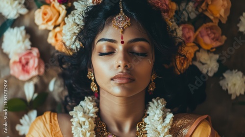 Dramatic Portrait of a Woman in Floral Arrangement photo