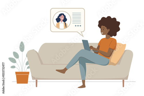 Woman sitting on couch, laptop open, engaged in a virtual meeting. Vector Art & Illustration