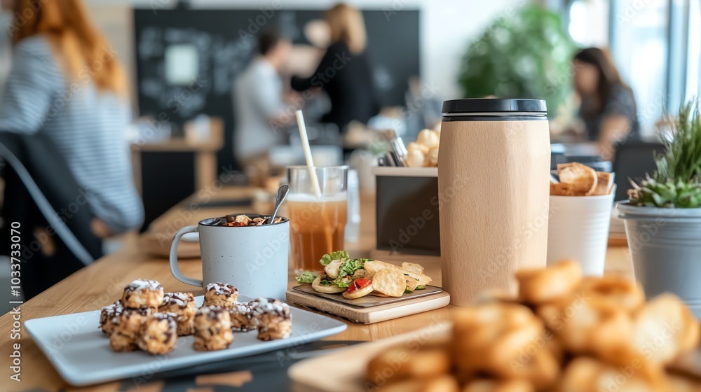 A table with snacks and drinks in an office setting, with people working in the background. A table with snacks and drinks in an office setting, with people working in the background.