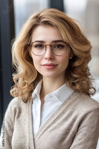 Stylish and Confident Blonde European Business Woman Smiling: Close-Up Portrait Indoors